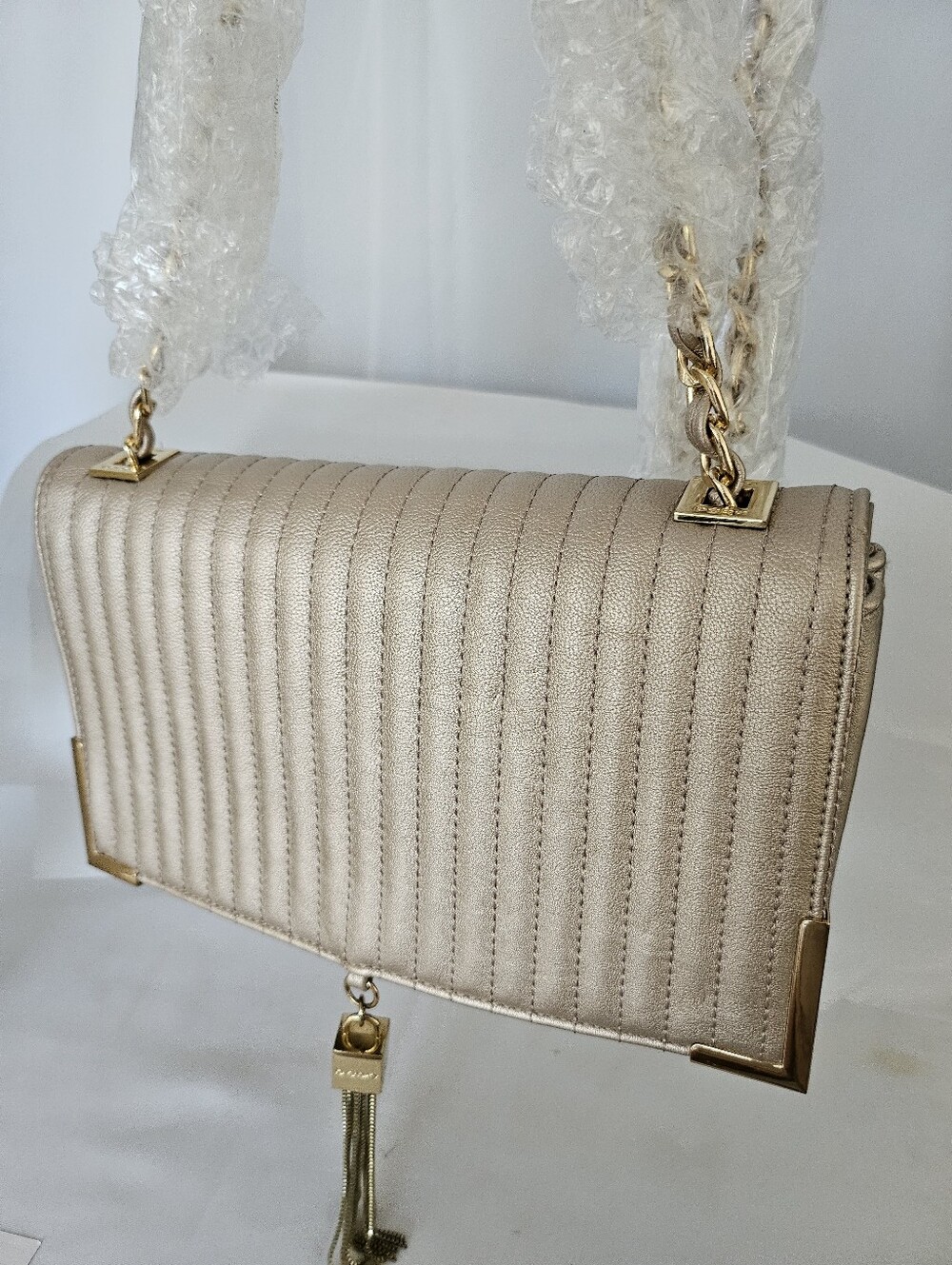 Women’s Quilted Metallic Cream Crossbody Bag with Gold Chain
